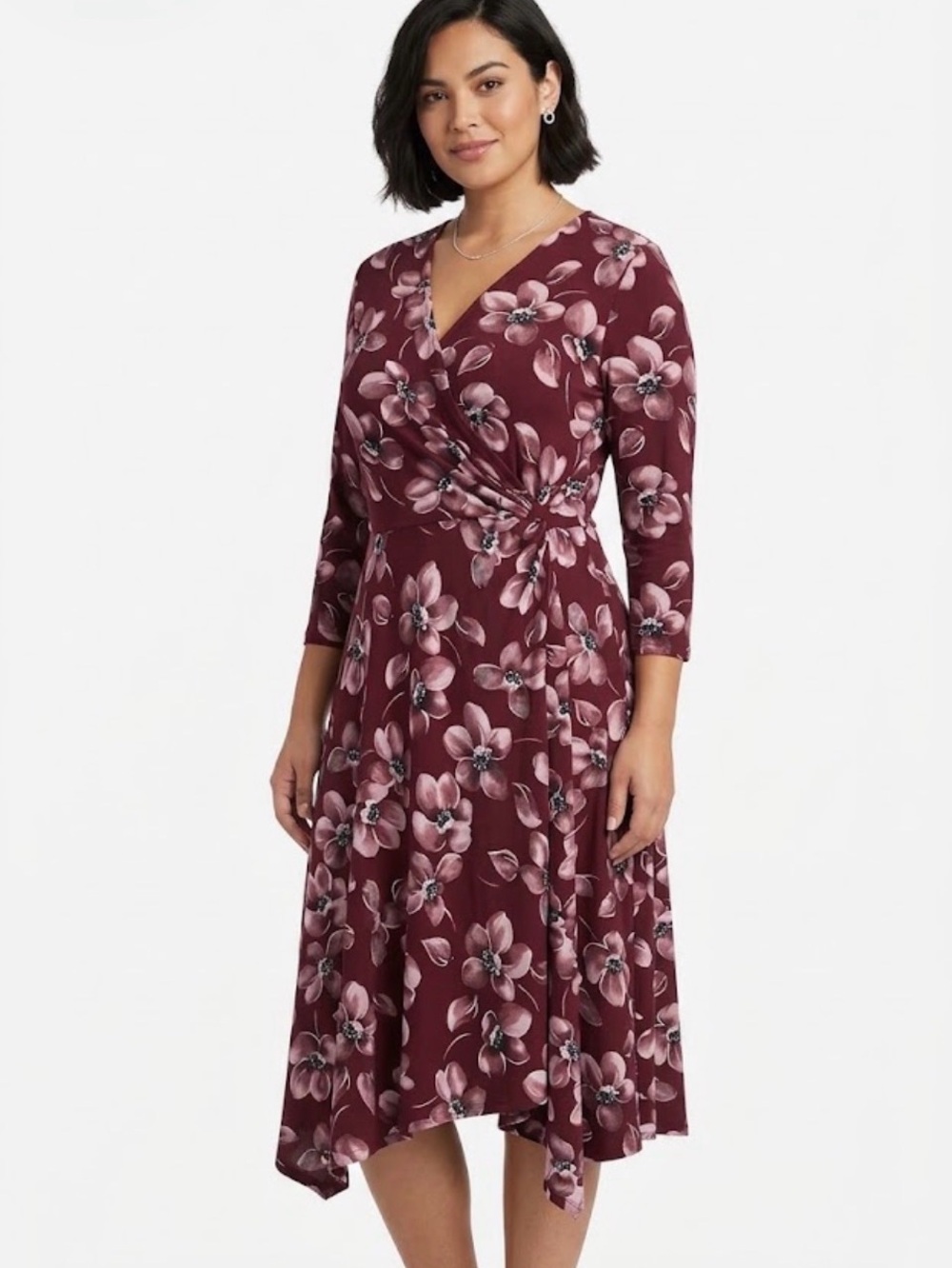 Perceptions Burgundy Floral Faux Wrap Midi Dress